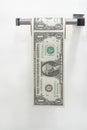 US One Dollar bills in the form of toilet paper, front view