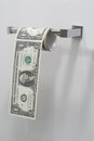 US one dollar bills hanging in a roll of toilet paper
