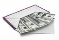 100 and 50 dollar bills inside enveloppe. 3D illustration