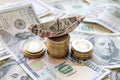 Dollar bills laid out on table. A ship made of dollars on coins, three columns of coins, financial crisis, money Royalty Free Stock Photo