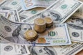 Dollar bills laid out on table. Three different columns of coins, financial crisis, money, finance, savings, salary Royalty Free Stock Photo