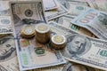 Dollar bills laid out on table. Three different columns of coins, financial crisis, money, finance, savings, salary Royalty Free Stock Photo