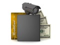 Dollar bills, leather wallet, credit card and video surveillance Royalty Free Stock Photo