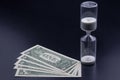 Dollar bills lie near the hourglass. Time is money. The salary. Business solutions in time. Hourglass time measurement