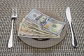 Dollar Bills on a plate with fork and knife Royalty Free Stock Photo