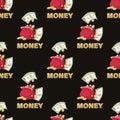 Dollar bills. Red wallet. Money background. Dollars signs, gold coins on black background. Royalty Free Stock Photo