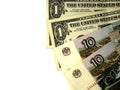 Dollar bills and ten rubles