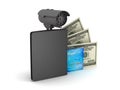 Dollar bills, wallet, credit card and video surveillance camera Royalty Free Stock Photo