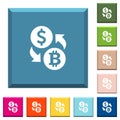 Dollar Bitcoin money exchange white icons on edged square buttons