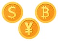 Dollar, bitcoin, yuan. Vector illustration