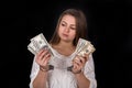 Dollar Bribe Divided In Woman Hands In Handcuffs
