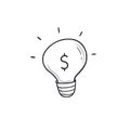 Dollar bulb idea doodle. Money idea bulb hand drawn sketch style icon. Financial idea comic doodle drawn concept Royalty Free Stock Photo