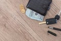 Dollar cash in wallet and car remote key Royalty Free Stock Photo