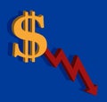 Dollar and chart, Bearish icon, falling price, background money, blank Royalty Free Stock Photo