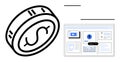 Dollar coin and web interface with analytics dashboard for financial management and decision-making Royalty Free Stock Photo
