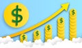 Dollar coin arrange in graph shape rise in the sky with cloud, vector ,illustration, paper art