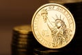 Dollar coin and gold money on the desk Royalty Free Stock Photo