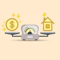 A dollar coin and a house on the scales. Money and house scales icon. Real estate, rent, expenses. Vector. Royalty Free Stock Photo