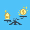 A dollar coin and a house on the scales. Money and house scales icon. Real estate, rent, expenses. Vector.