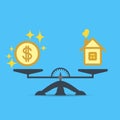 A dollar coin and a house on the scales. Money and house scales icon. Real estate, rent, expenses, concept. Vector. Royalty Free Stock Photo