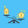 A dollar coin and a house on the scales. Money and house scales icon. Real estate, rent, expenses. Vector. Royalty Free Stock Photo