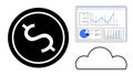 Financial Analytics with Cloud Integration Featuring Graphs, Dashboard, and Dollar Coin Icon Royalty Free Stock Photo