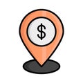 A dollar coin inside map pin concept of bank location