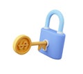 Dollar coin key opening the padlock. Secure access concept.