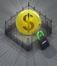 Dollar coin in padlock locked fence concept Royalty Free Stock Photo