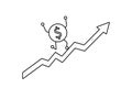 Dollar coin rises up the arrow. The concept of a successful business. Outline illustration