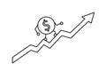The dollar coin rises up the red arrow. The concept of a successful business. Outline illustration