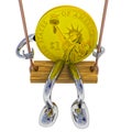 Dollar coin robot swinging on a swing front view illustration