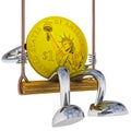 Dollar coin robot swinging on a swing left side view illustration