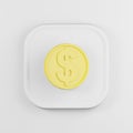 Dollar coin yellow icon in cartoon style. 3d rendering white square button key, interface ui ux element
