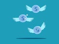 Dollar coins have wings to fly. concept of finance and investment