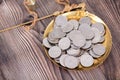 Dollar coins in weighing pan