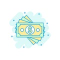 Dollar currency banknote icon in comic style. Dollar cash vector cartoon illustration pictogram. Banknote bill business concept Royalty Free Stock Photo
