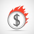 Dollar currency coin icon is burning with a flame