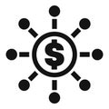 Dollar currency connecting with multiple nodes representing decentralized finance system