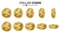 Dollar 3D Gold Coins Vector Set. Realistic Illustration. Flip Different Angles. Money Front Side. Investment Concept