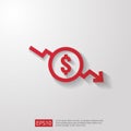 dollar decrease icon. Money symbol with arrow stretching rising drop fall down. Business cost reduction icon. vector illustration.