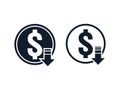 dollar decrease icon. Money symbol with arrow stretching rising drop fall down. Recession Business. cost reduction icon. vector il