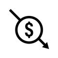 Dollar decrease. Vector isolated icon. Dollar crisis down arrow. Dollar vector rate decrease icon. Money fall down symbol