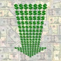 Dollar down arrow on currency Royalty Free Stock Photo