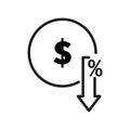 Dollar down icon. Cost reduction icon. Vector illustration. stock image. Royalty Free Stock Photo