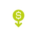 Dollar down icon. White dollar sign in green circle with arrow down. Flat icon. Isolated on white. Royalty Free Stock Photo