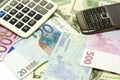 Dollar, euro banknotes, calculator and cellphone