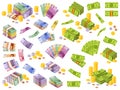 Dollar and euro banknotes. Isometric cash money, various currencies dollars and euros bundles and coins 3d financial Royalty Free Stock Photo