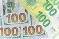 100 dollar and 100 euro bills close-up Royalty Free Stock Photo