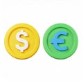 Dollar and Euro coins, currency exchange illustration on transparent background Royalty Free Stock Photo